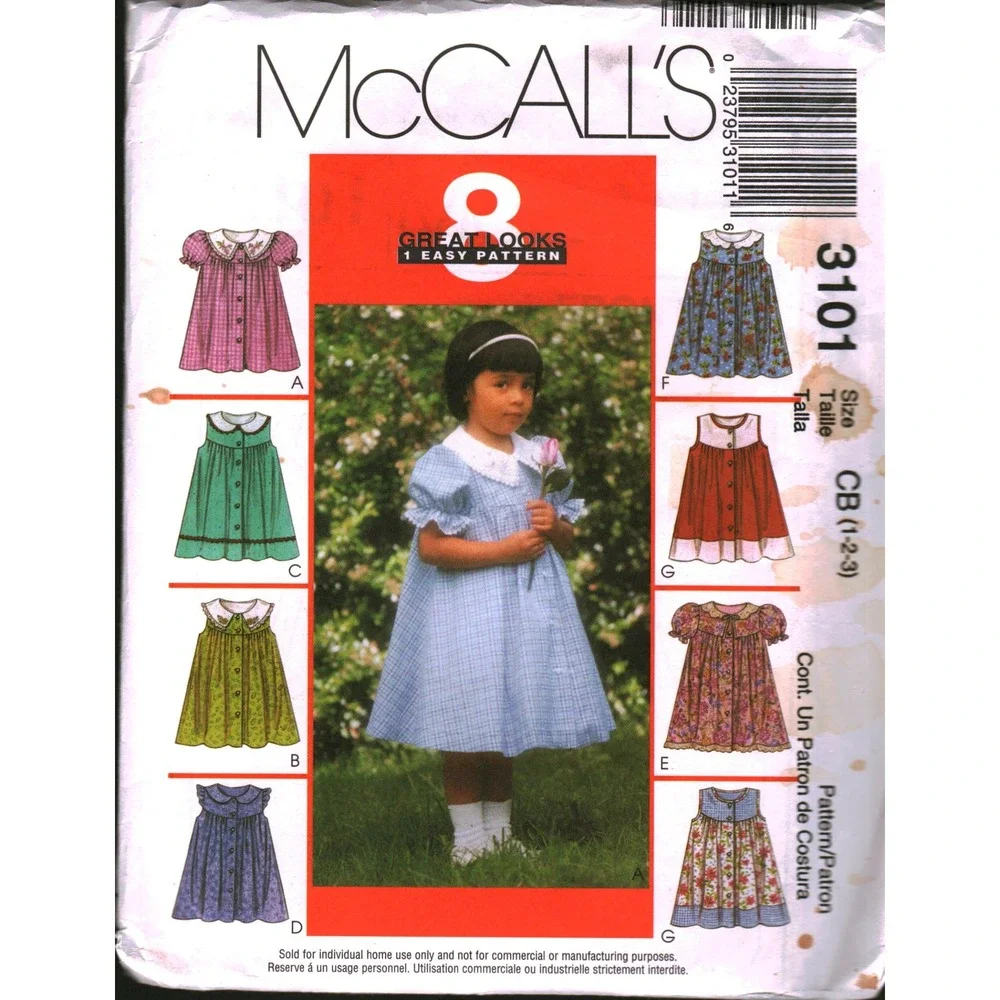 McCall's 3101 Toddler Dress Sewing Pattern Size 1 2 3 Easy 8 Looks Vintage 1991